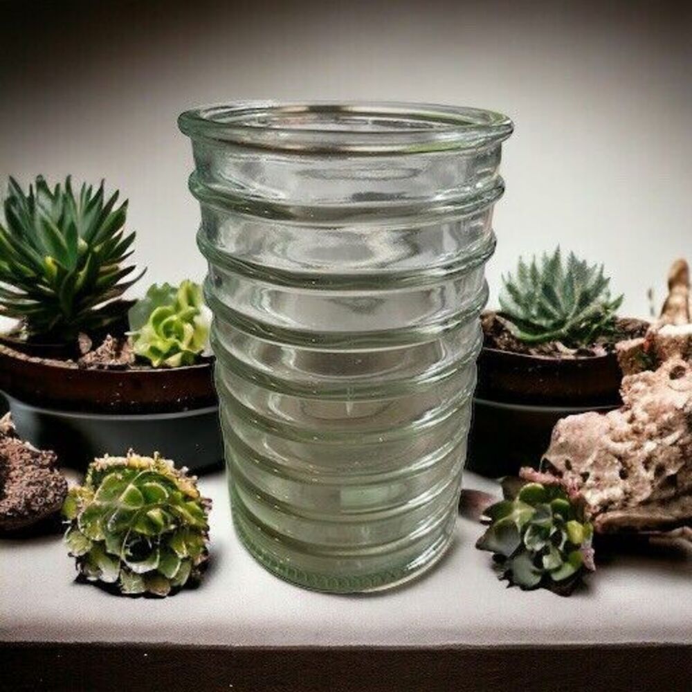 Pier 1 Large Ribbed Glass Vase Cylinder Clear Glass Made In Spain